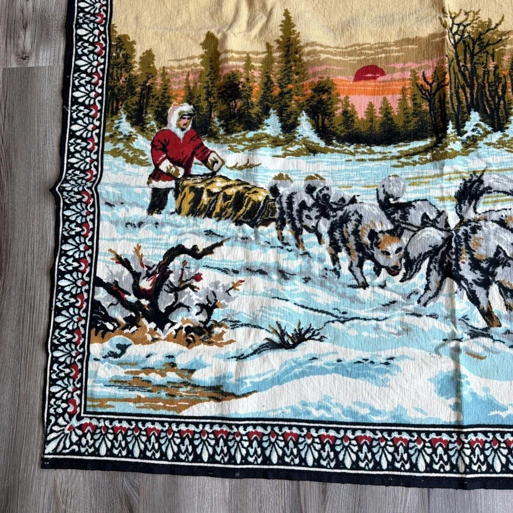 Vintage Mushing SLED DOGS Tapestry Rug Wall Hanger Made In ITALY 54